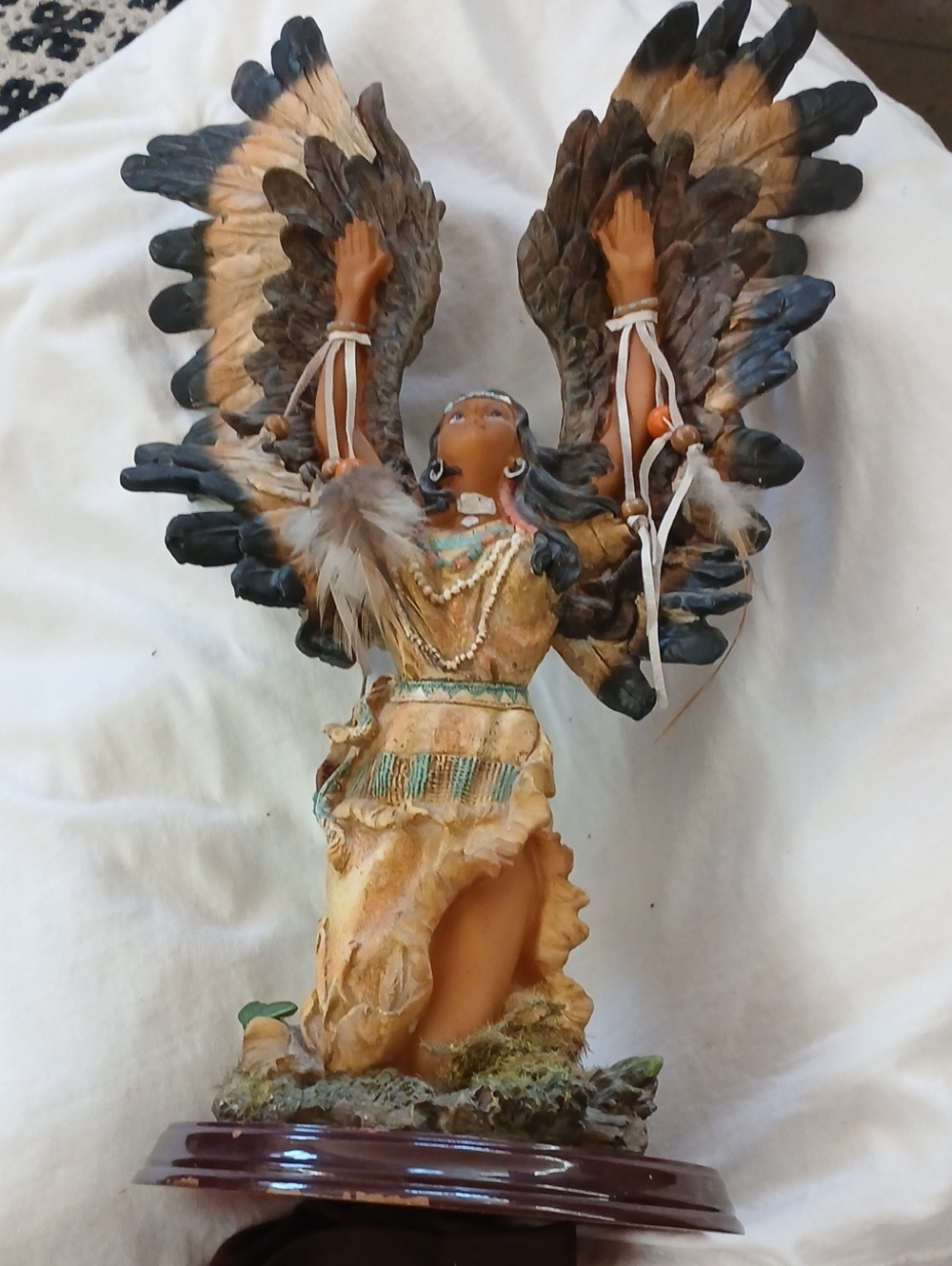 Brown Feathered Native-Inspired Angel Sculpture with Turquoise Accents